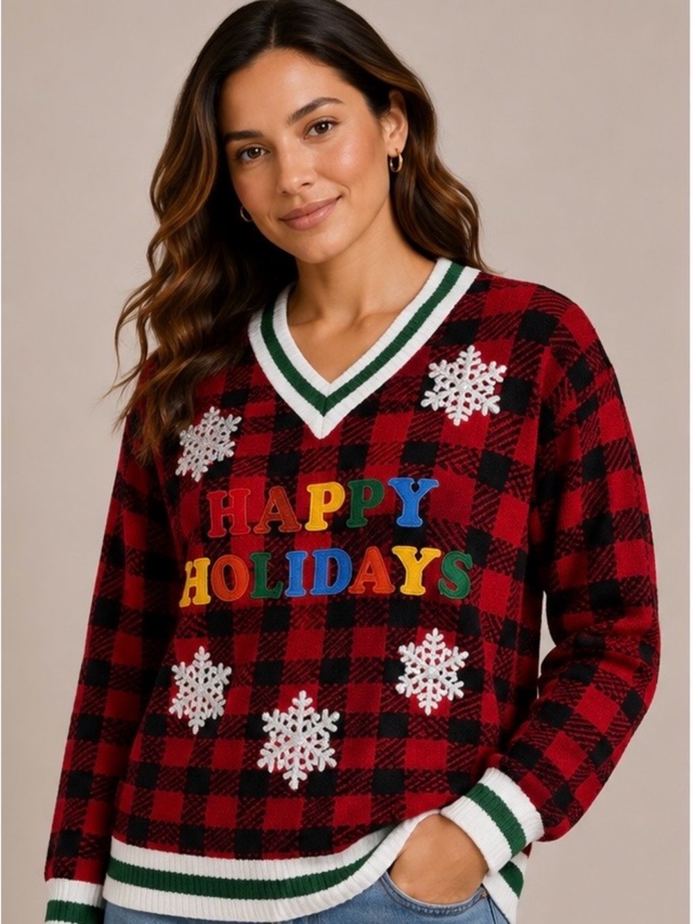 Festive Red Plaid - Ugly Christmas Holiday Sweater